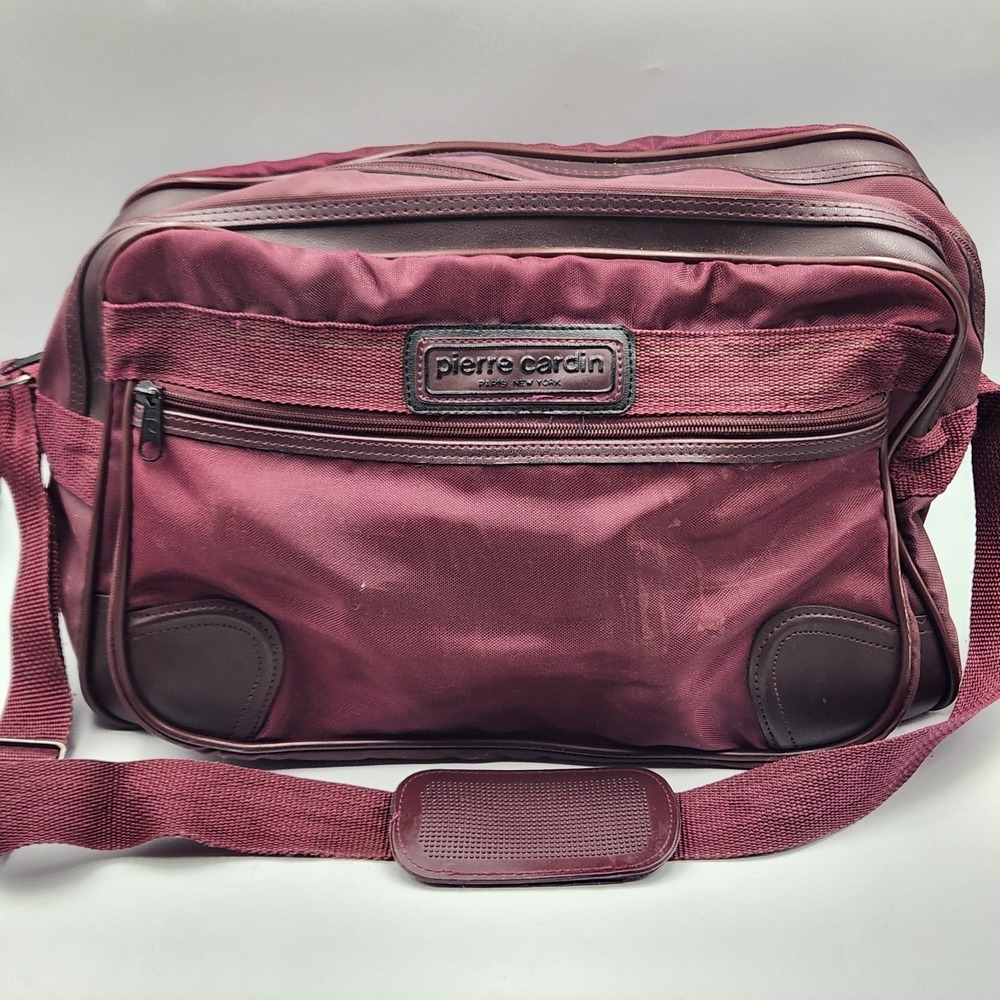 Vintage Pierre Cardin Burgundy Nylon Travel Duffle Gym Bag Made in Korea 15 Inch
